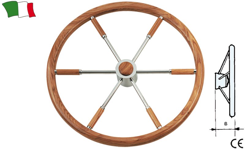 SIX-SPOKE S.STEEL AND TEAK STEERING WHEEL